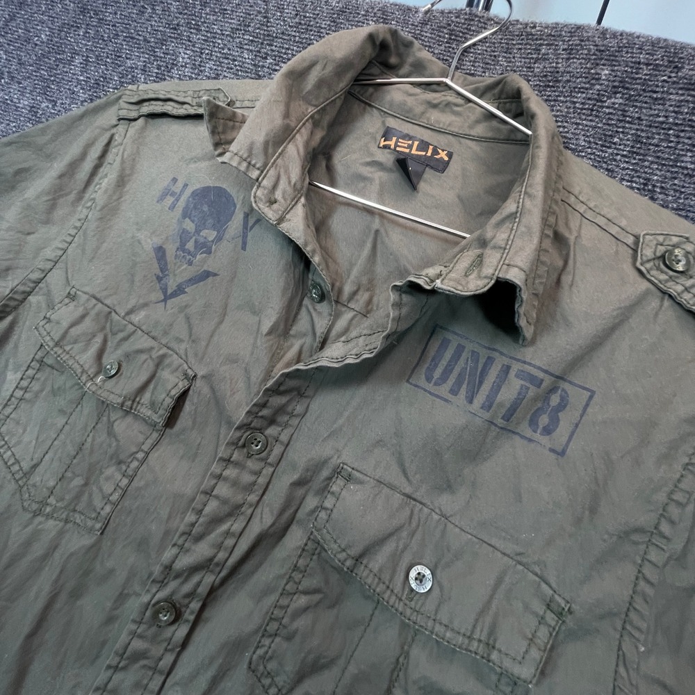Helix Mens M Military Green Skull Graphic Button Shirt Tactical Grunge Biker